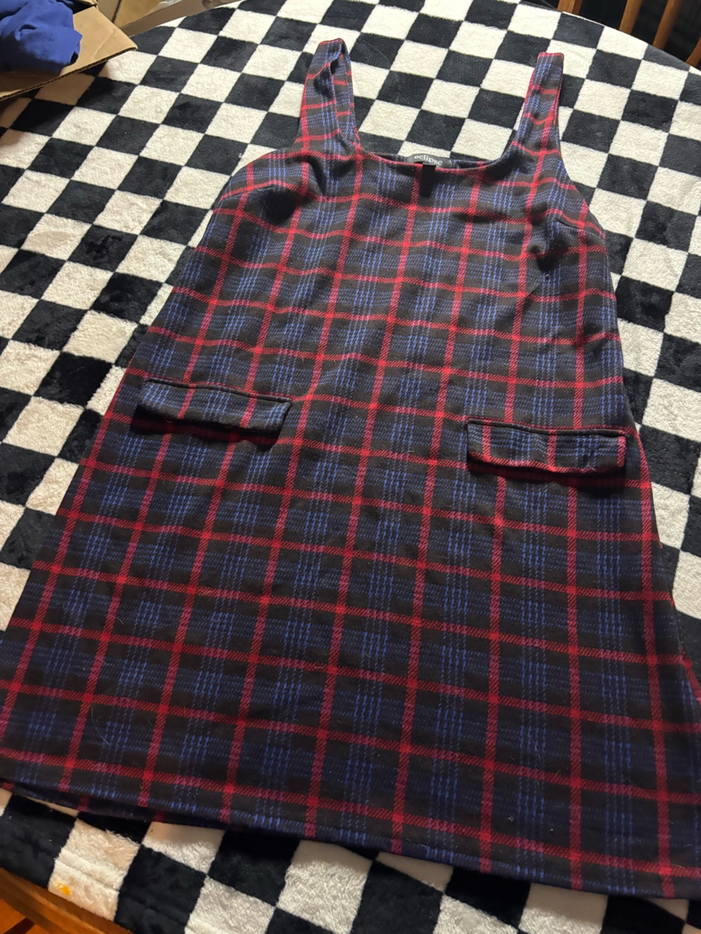 Women’s medium Plaid Pinafore Dress in Red and Navy